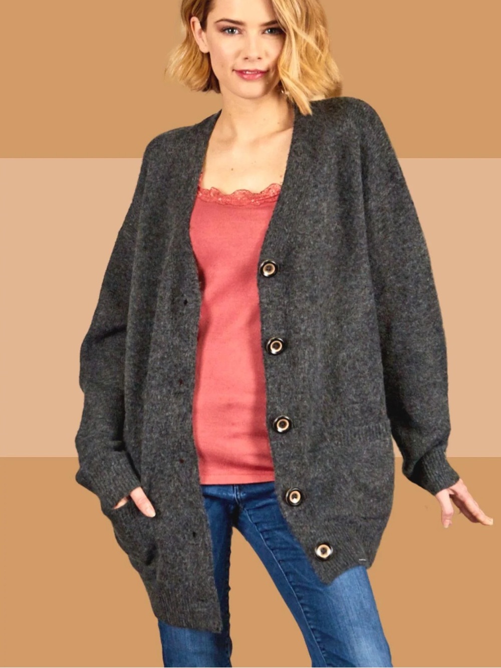 🍒BOGO50%🍒🆕🩶COTTON BLEU: CHARCOAL Oversized Chunky Knit Cardigan SMALL